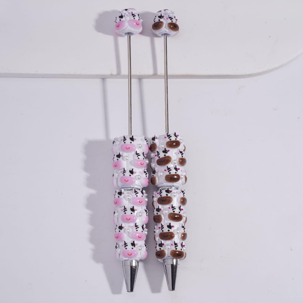Beadable Clay Pens with Cute Dairy Cow Head and White Pearls