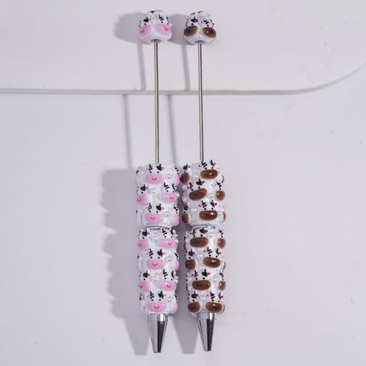 Beadable Clay Pens with Cute Dairy Cow Head and White Pearls