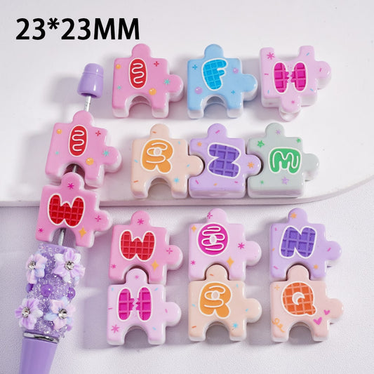 Acrylic Beads UV Coating Cute English Letter Series Puzzle Jigsaw 23*23MM, Random Mix