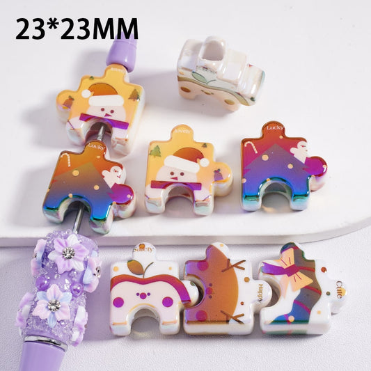 Acrylic Beads UV Coating Cute Christmas Series Puzzle Jigsaw 23*23MM