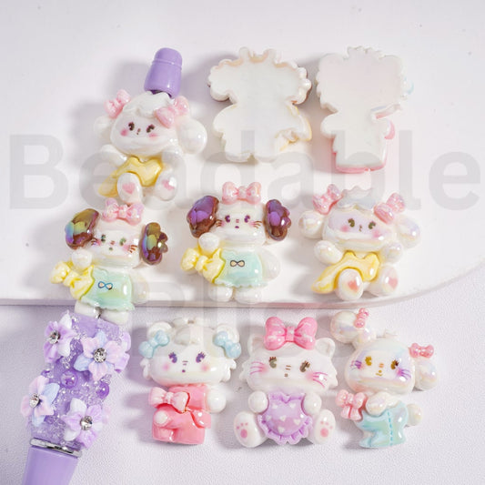 Acrylic Beads UV Coating Cute Cat Kitty with Bowknot, Random Mix