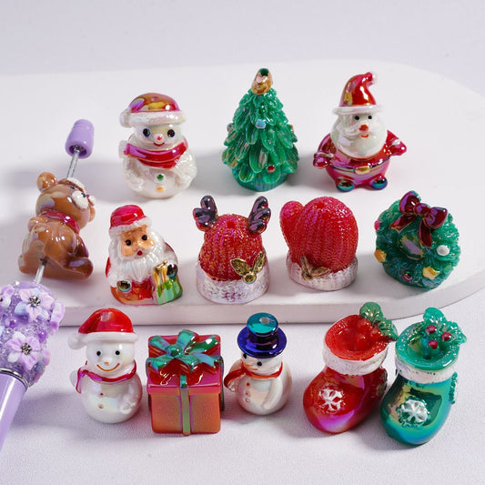 Acrylic Beads UV Coating Cute Christmas Series Father Christmas Tree Wreath Gift Box Snowman Socks Bear Hat, Random Mix
