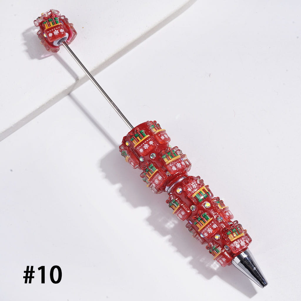 Beadable Clay Pens Christmas Series | Pen with Snow Bell Tree Hat Candy Cane Santa Claus Gift Box Gingerbread Sock Candle & AB Rhinestones, Red Pen Base