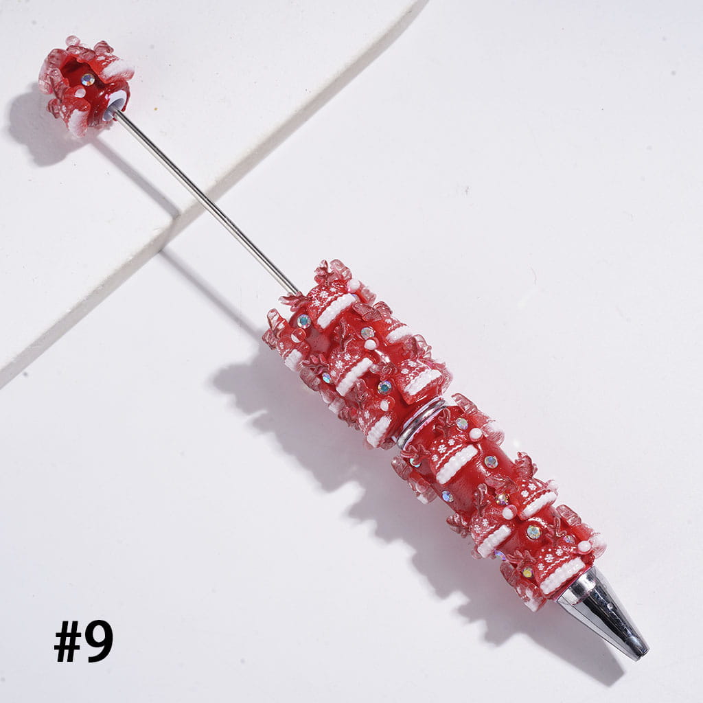 Beadable Clay Pens Christmas Series | Pen with Snow Bell Tree Hat Candy Cane Santa Claus Gift Box Gingerbread Sock Candle & AB Rhinestones, Red Pen Base