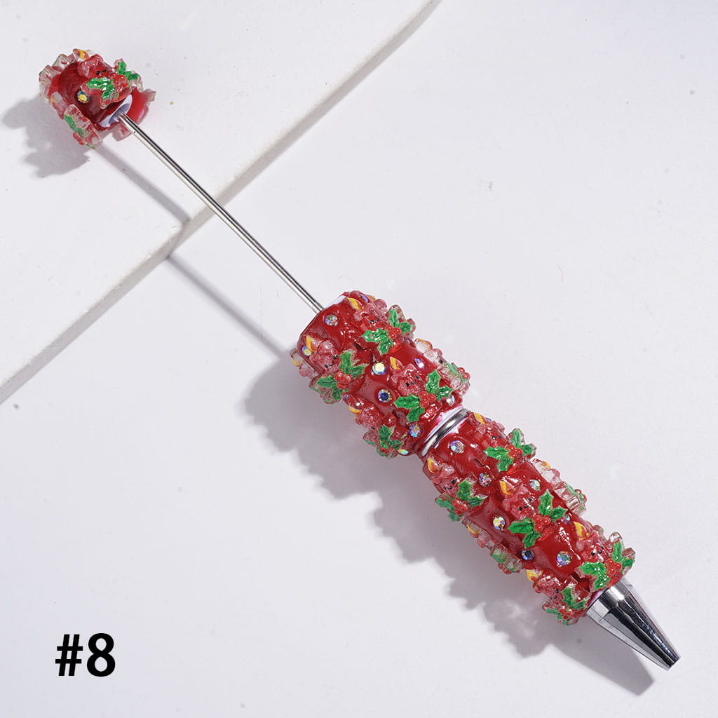 Beadable Clay Pens Christmas Series | Pen with Snow Bell Tree Hat Candy Cane Santa Claus Gift Box Gingerbread Sock Candle & AB Rhinestones, Red Pen Base
