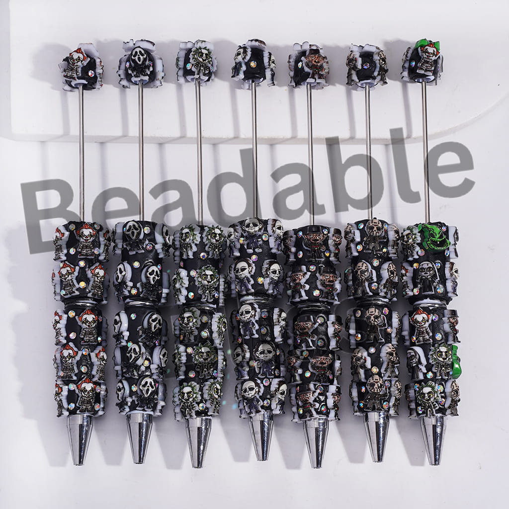 Beadable Clay Pens with Horror Character Series Dark Halloween Theme and AB Rhinestones