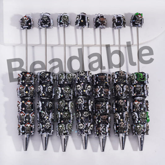 Beadable Clay Pens with Horror Character Series Dark Halloween Theme and AB Rhinestones
