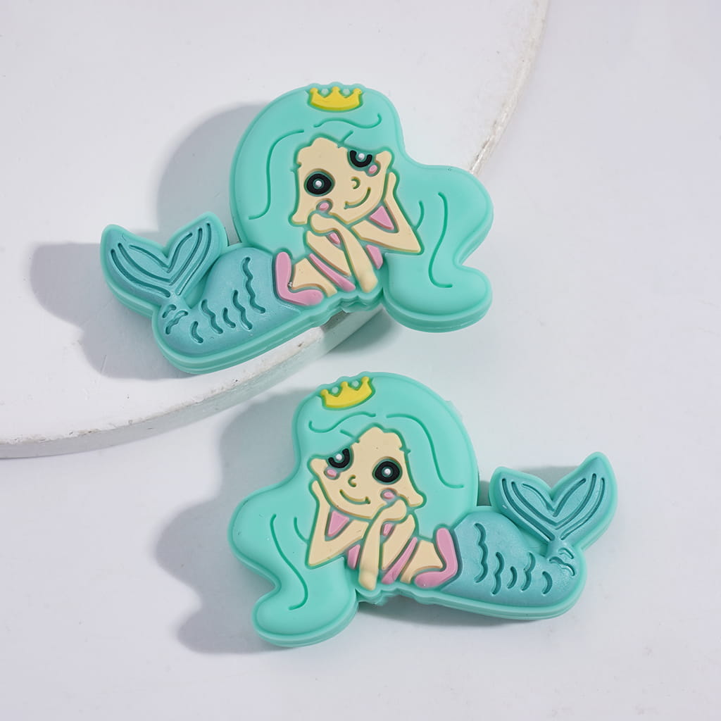 Silicone Focal Beads Pretty Mermaid Girl with Yellow Crown, Multi-Color