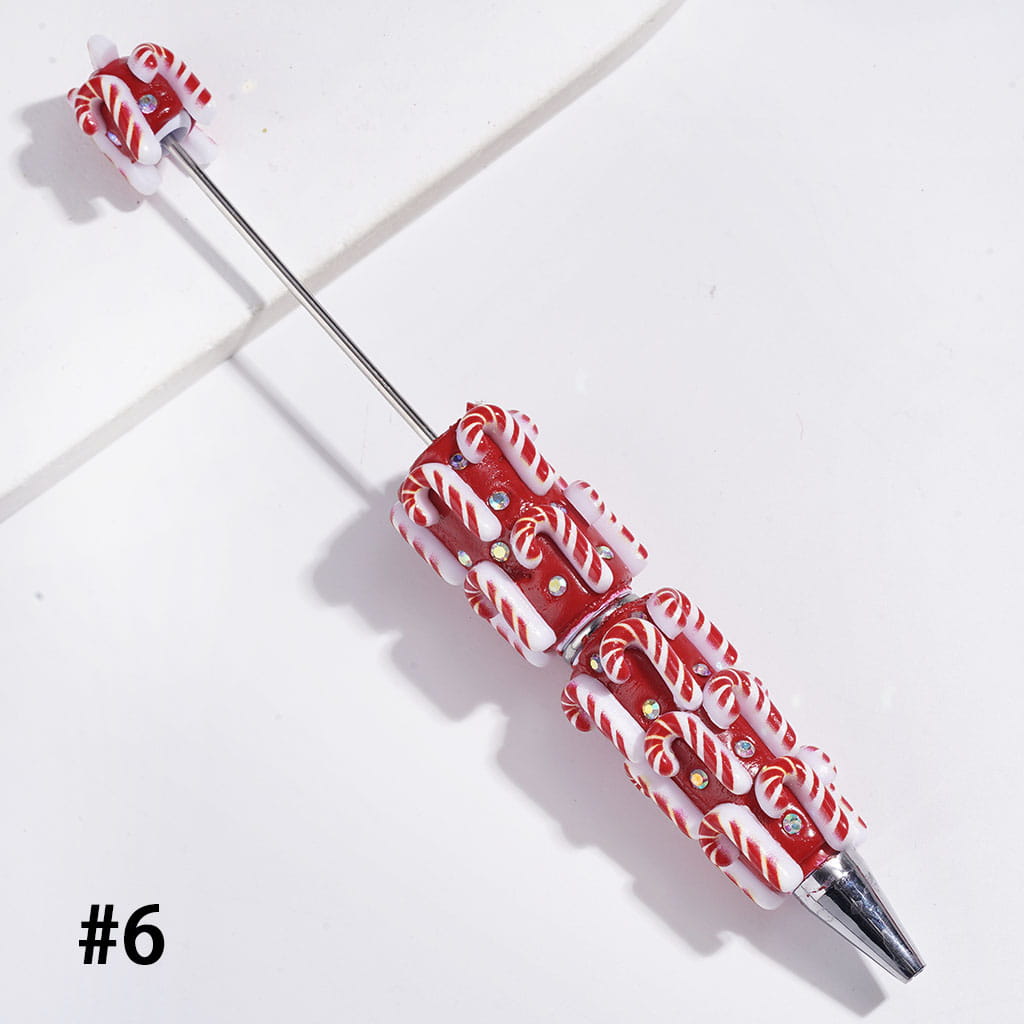 Beadable Clay Pens Christmas Series | Pen with Snow Bell Tree Hat Candy Cane Santa Claus Gift Box Gingerbread Sock Candle & AB Rhinestones, Red Pen Base