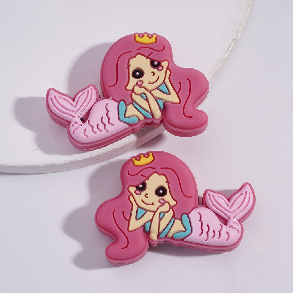 Silicone Focal Beads Pretty Mermaid Girl with Yellow Crown, Multi-Color