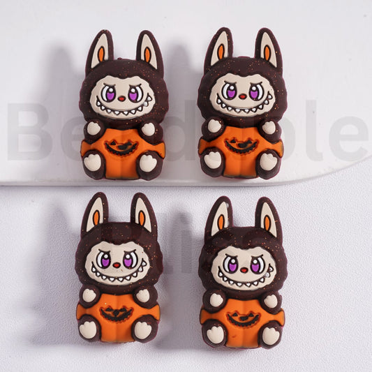 Silicone Focal Beads 3D Cute Labub Sits in a Ghost Face Pumpkin Halloween