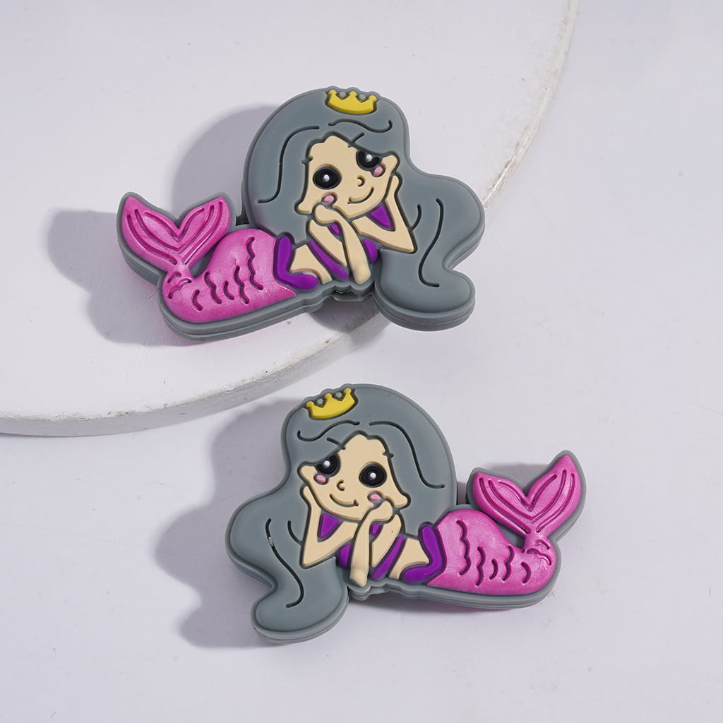 Silicone Focal Beads Pretty Mermaid Girl with Yellow Crown, Multi-Color