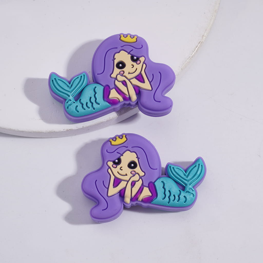 Silicone Focal Beads Pretty Mermaid Girl with Yellow Crown, Multi-Color