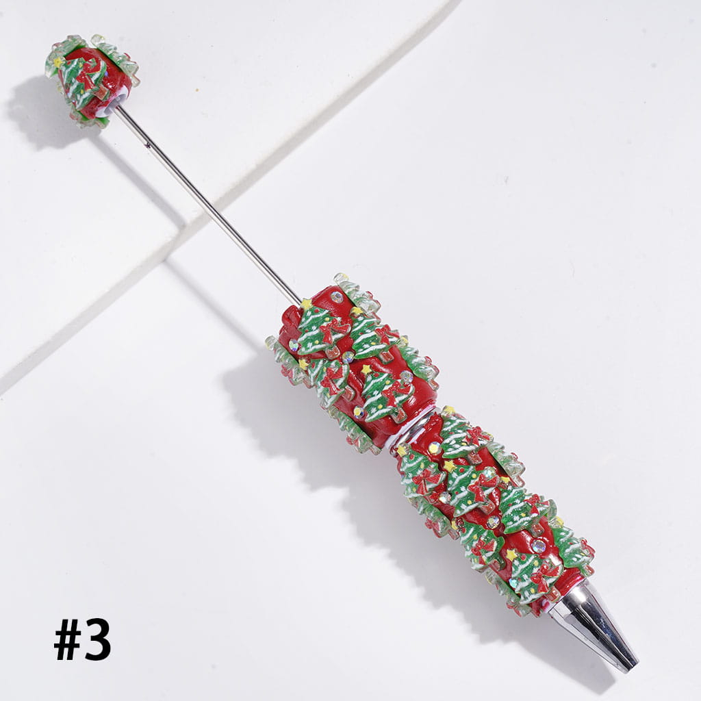 Beadable Clay Pens Christmas Series | Pen with Snow Bell Tree Hat Candy Cane Santa Claus Gift Box Gingerbread Sock Candle & AB Rhinestones, Red Pen Base