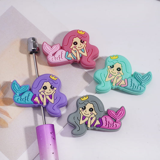 Silicone Focal Beads Pretty Mermaid Girl with Yellow Crown, Multi-Color