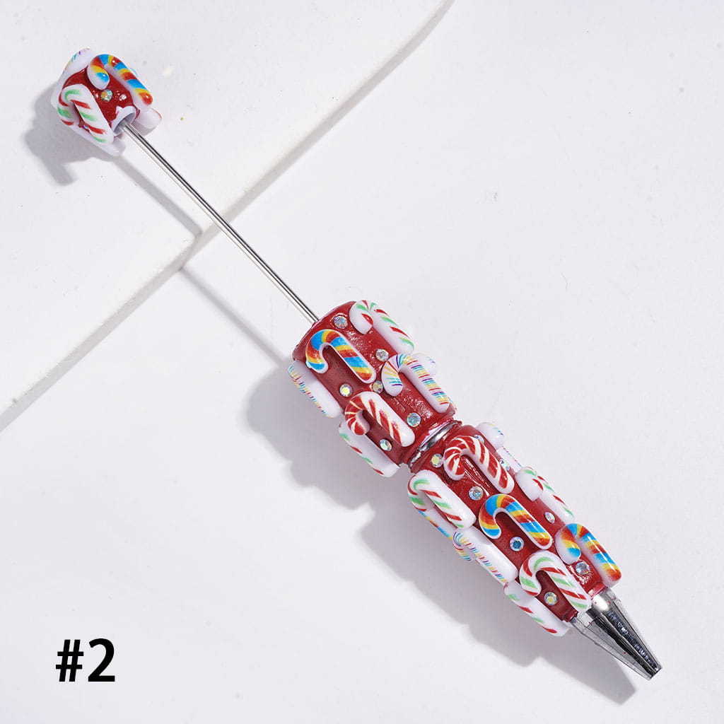 Beadable Clay Pens Christmas Series | Pen with Snow Bell Tree Hat Candy Cane Santa Claus Gift Box Gingerbread Sock Candle & AB Rhinestones, Red Pen Base