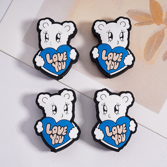 Silicone Focal Beads A Cute Bear Holds Blue Heart with Love You