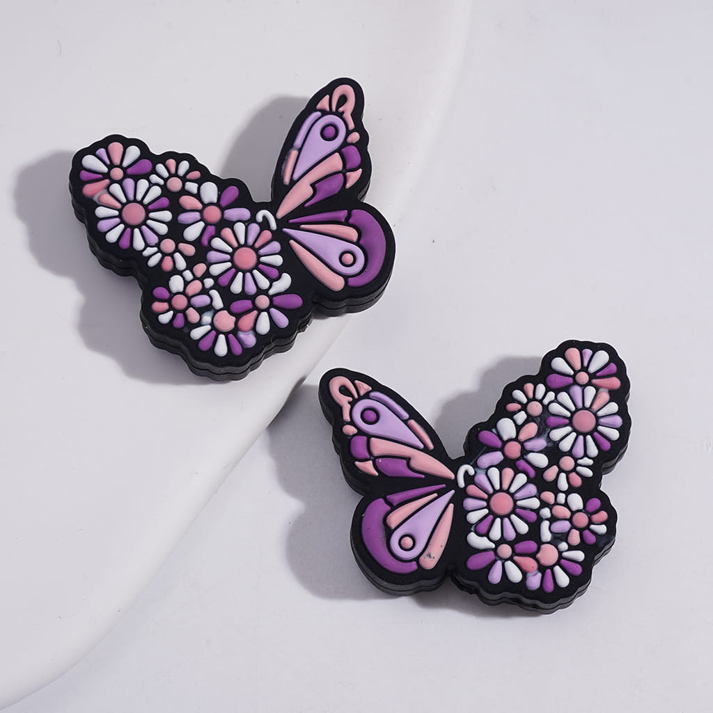Silicone Focal Beads Butterfly with Daisy Flowers on Wing, Multi-Color