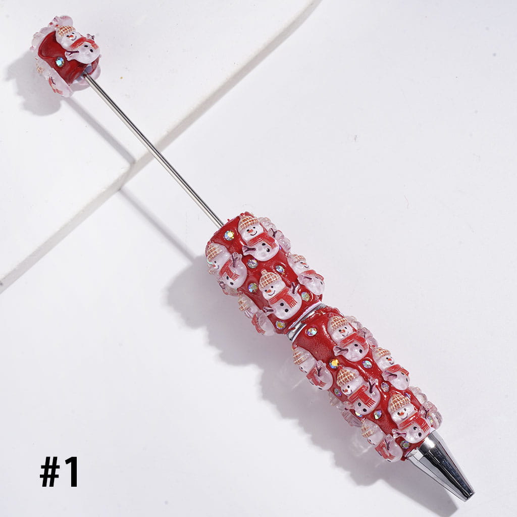 Beadable Clay Pens Christmas Series | Pen with Snow Bell Tree Hat Candy Cane Santa Claus Gift Box Gingerbread Sock Candle & AB Rhinestones, Red Pen Base