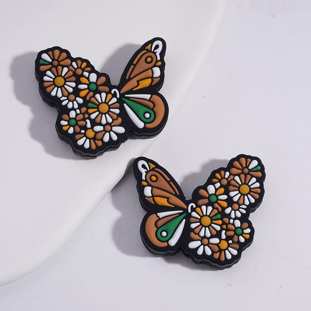 Silicone Focal Beads Butterfly with Daisy Flowers on Wing, Multi-Color