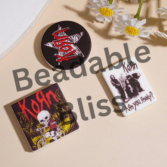 Silicone Focal Beads Halloween Theme American Rock Band in Dark Series, Flat Round Square Rectangle Shape, Random Mix