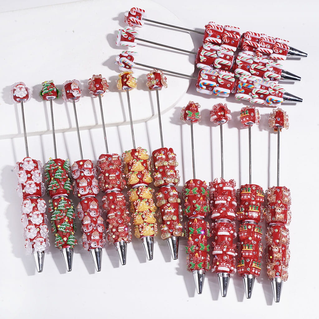 Beadable Clay Pens Christmas Series | Pen with Snow Bell Tree Hat Candy Cane Santa Claus Gift Box Gingerbread Sock Candle & AB Rhinestones, Red Pen Base