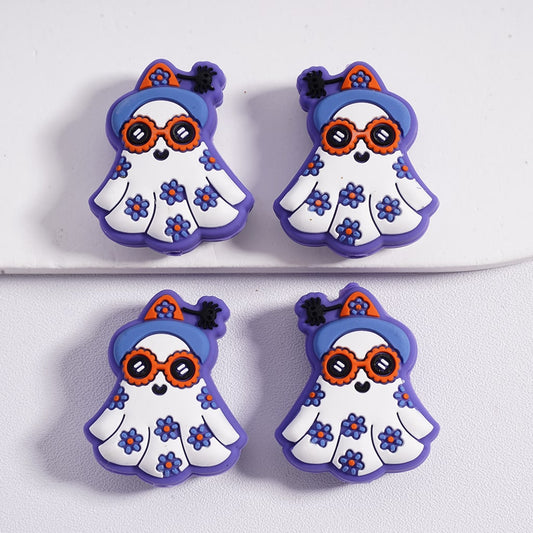 Silicone Focal Beads 3D Cute Halloween Ghost with Mini Flowers Cool Sunglasses Wizard Hat
