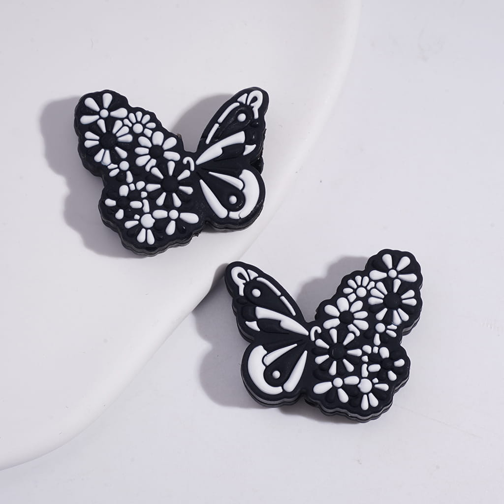 Silicone Focal Beads Butterfly with Daisy Flowers on Wing, Multi-Color