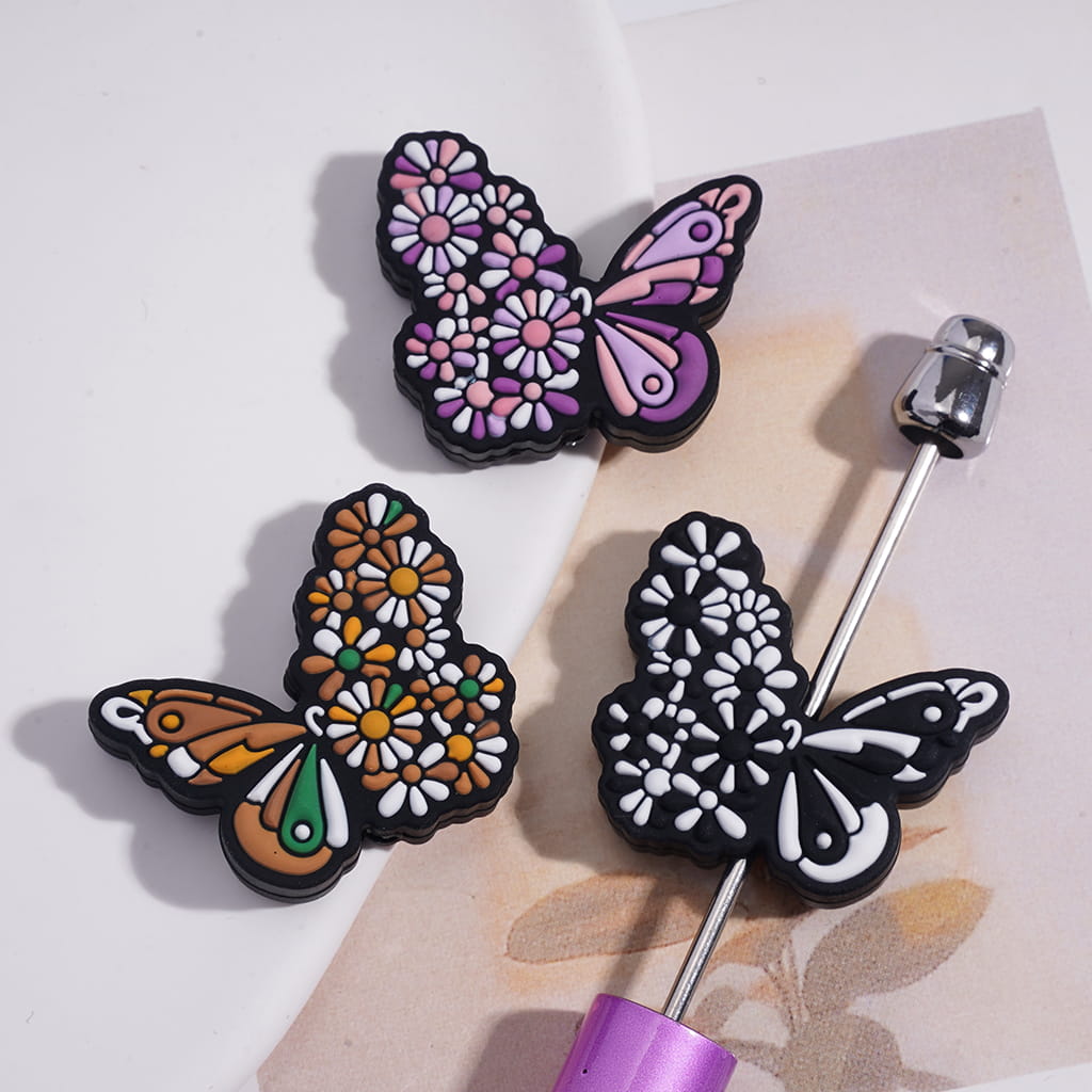 Silicone Focal Beads Butterfly with Daisy Flowers on Wing, Multi-Color