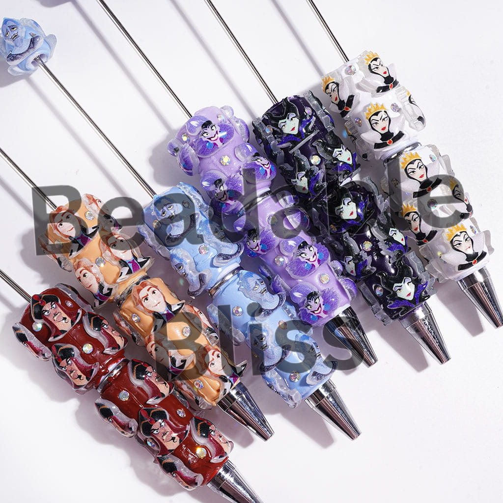 Classic Animation Villain Character and AB Rhinestones Beadable Clay Pens, Various Colors Background