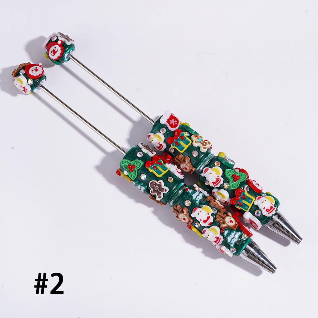 Beadable Clay Pens with Christmas Ornaments and AB Rhinestones, Red and Green