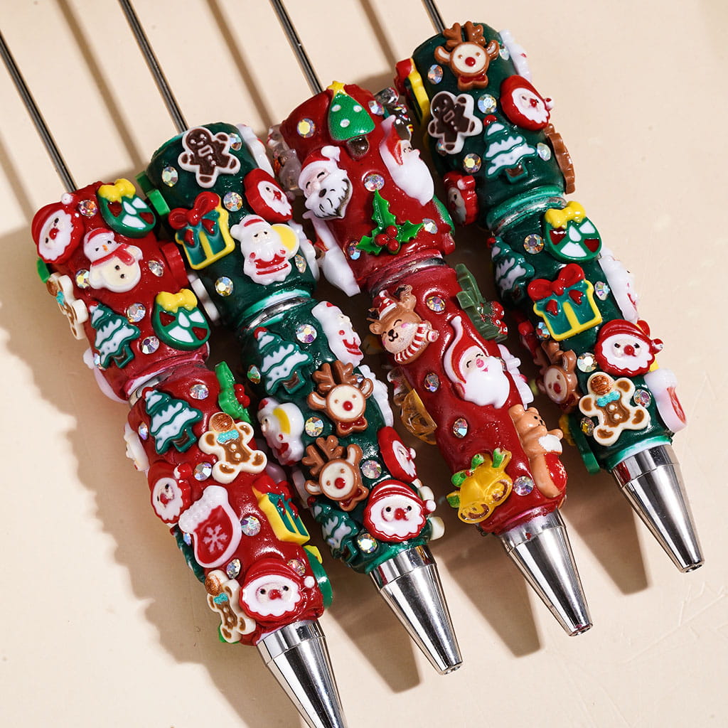 Beadable Clay Pens with Christmas Ornaments and AB Rhinestones, Red and Green