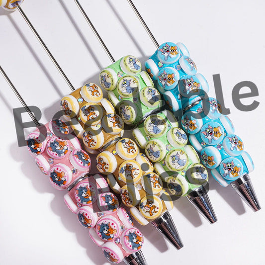 Flat Round Shape with Cat & Mouse Characters & AB Rhinestones Beadable Clay Pens, Multi-Color