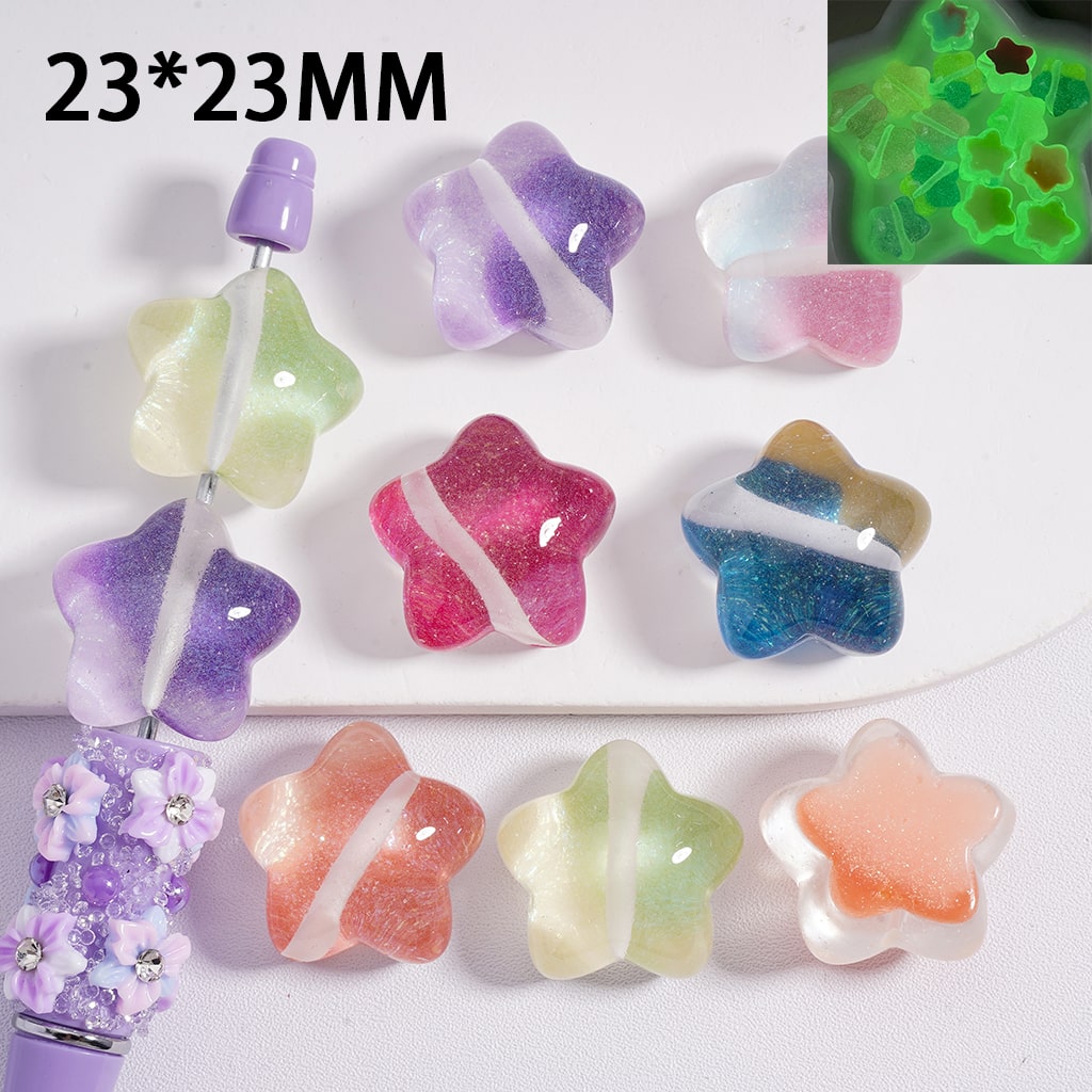 Acrylic Beads UV Coating Luminous Cute Glitter Five-Pointed Star 23*23MM, Random Mix
