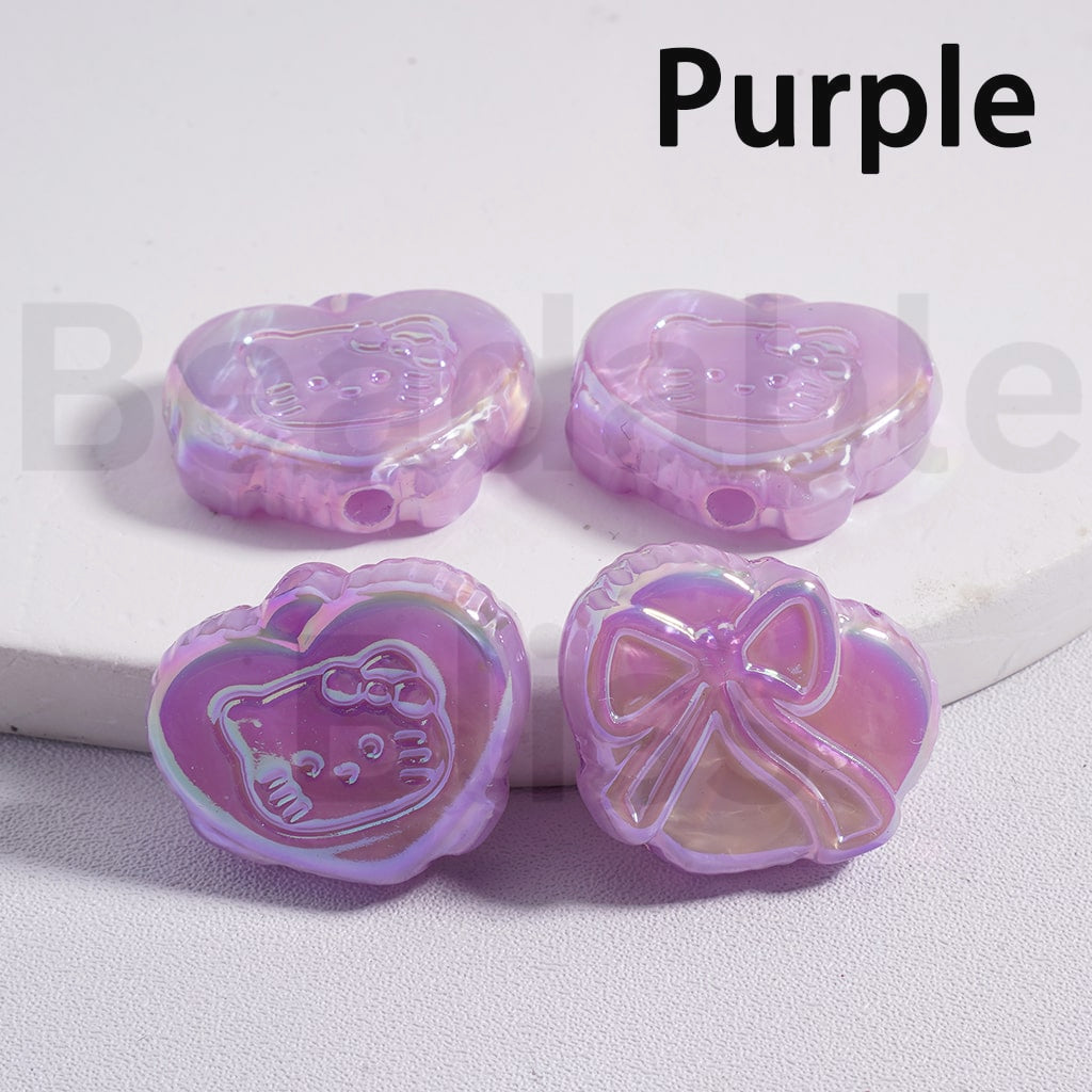 Acrylic Beads UV Coating Luminous Cute Heart with Hello Kitt Bowknot Prints Multi-Color 18*23MM (Single Color is available for 200pcs(Whole Bag) Only)