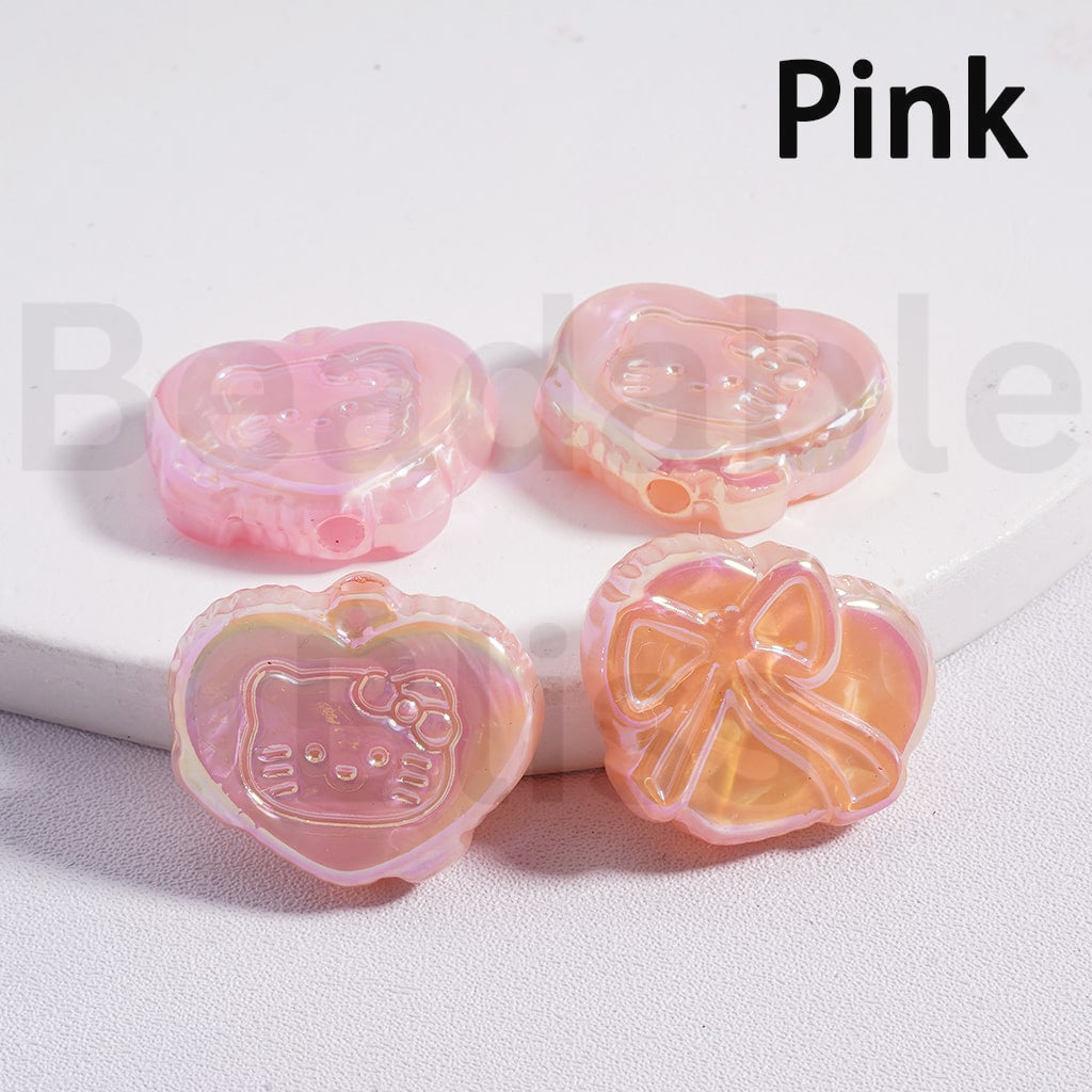 Acrylic Beads UV Coating Luminous Cute Heart with Hello Kitt Bowknot Prints Multi-Color 18*23MM (Single Color is available for 200pcs(Whole Bag) Only)
