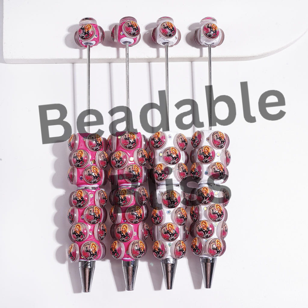 Beadable Clay Pens with Rounded American Countryside Singer Character and AB Rhinestones, Rose Pink and White Background