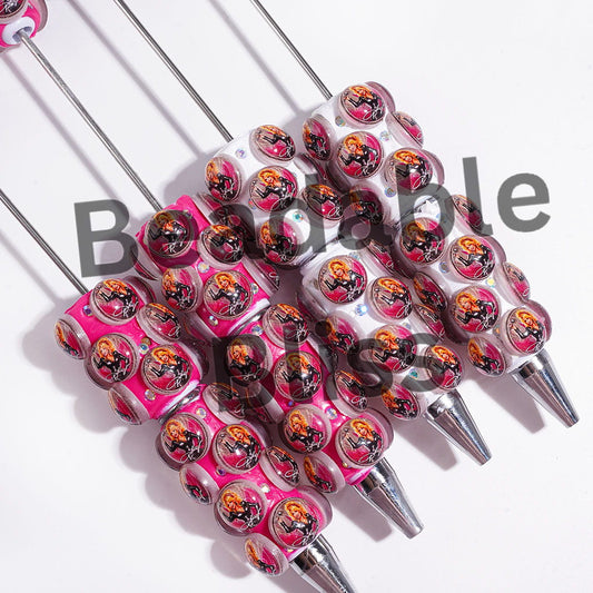 Beadable Clay Pens with Rounded American Countryside Singer Character and AB Rhinestones, Rose Pink and White Background
