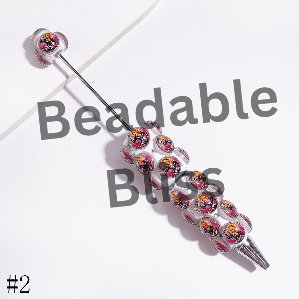Beadable Clay Pens with Rounded American Countryside Singer Character and AB Rhinestones, Rose Pink and White Background