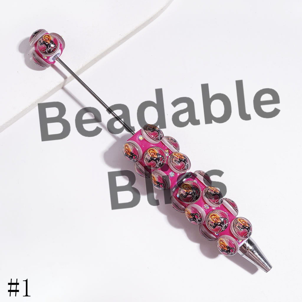 Beadable Clay Pens with Rounded American Countryside Singer Character and AB Rhinestones, Rose Pink and White Background