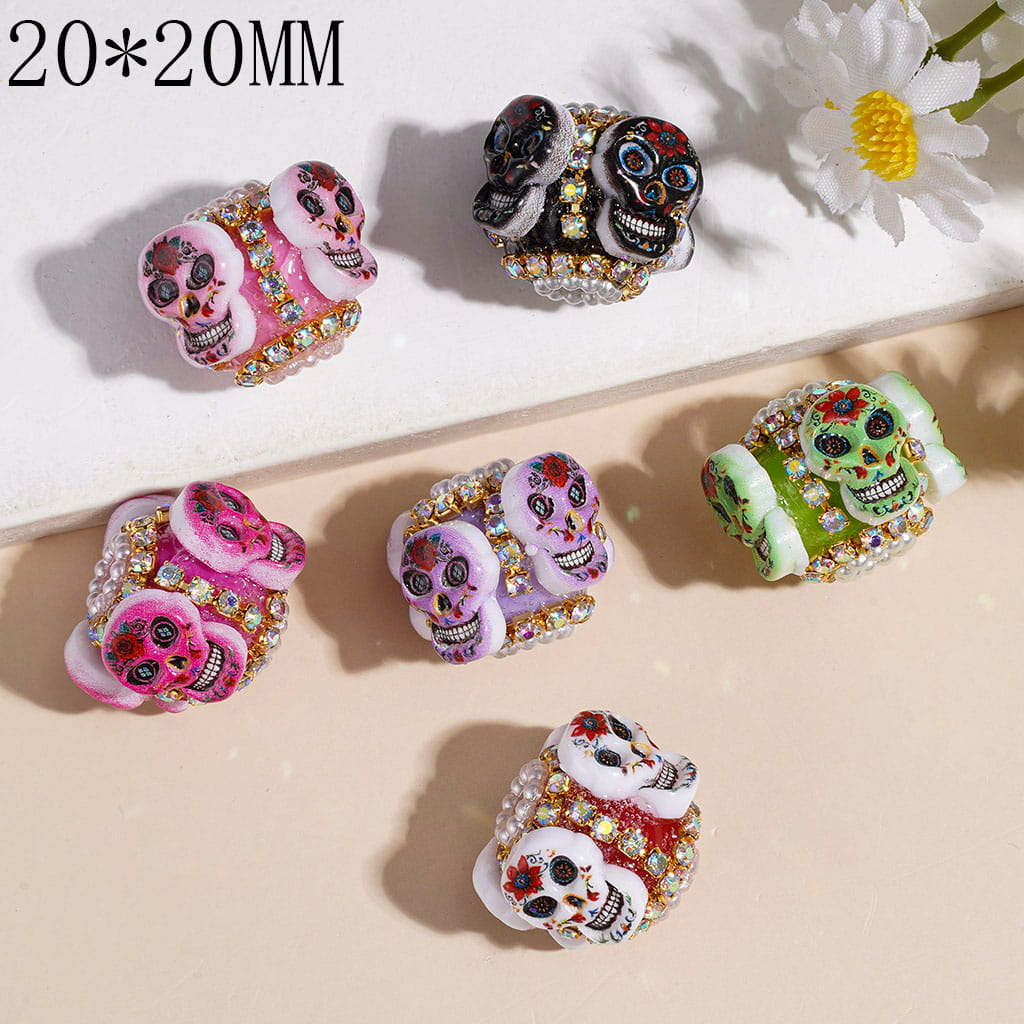 Hand-Made Acrylic Beads Halloween Skull Head in Day of the Dead, AB Rhinestone & White Pearl Chains, 20*20MM Random Mix Multi-Color