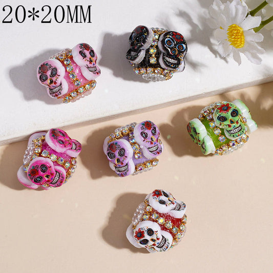Hand-Made Acrylic Beads Halloween Skull Head in Day of the Dead, AB Rhinestone & White Pearl Chains, 20*20MM Random Mix Multi-Color