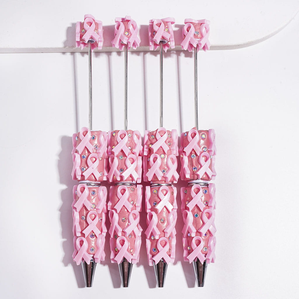 Beadable Clay Pens with Pink Ribbons and AB Rhinestones