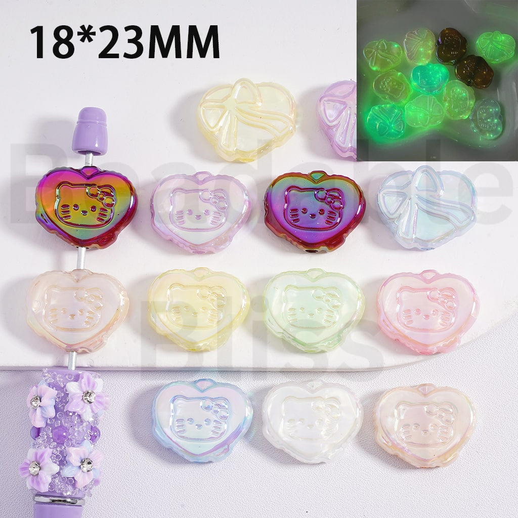 Acrylic Beads UV Coating Luminous Cute Heart with Hello Kitt Bowknot Prints Multi-Color 18*23MM (Single Color is available for 200pcs(Whole Bag) Only)