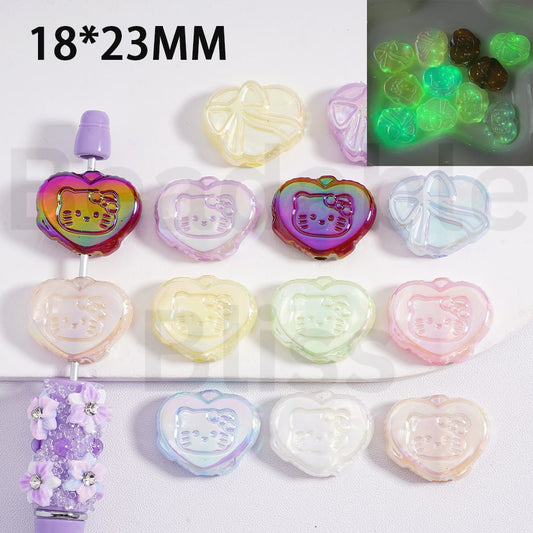Acrylic Beads UV Coating Luminous Cute Heart with Hello Kitt Bowknot Prints Multi-Color 18*23MM (Single Color is available for 200pcs(Whole Bag) Only)