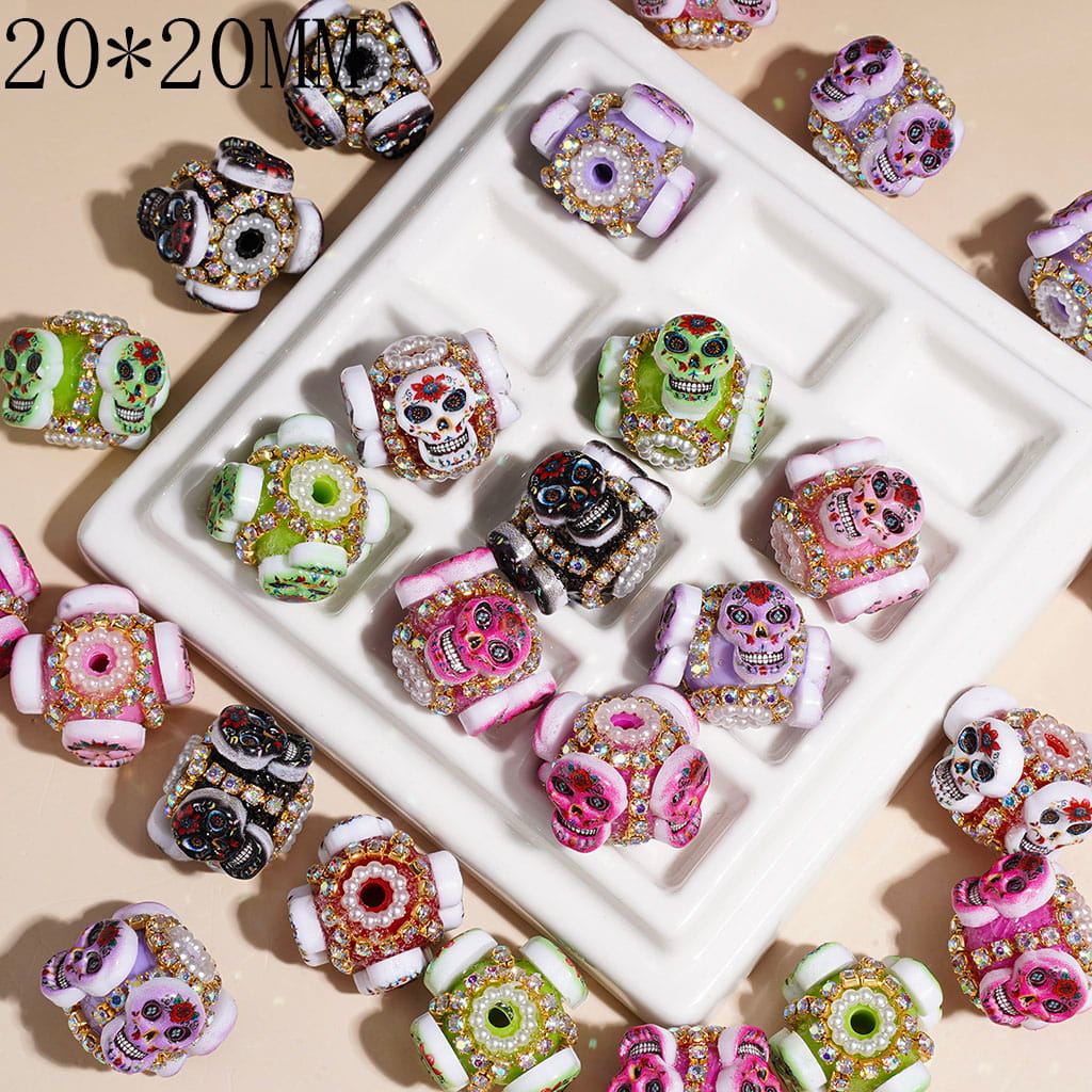 Hand-Made Acrylic Beads Halloween Skull Head in Day of the Dead, AB Rhinestone & White Pearl Chains, 20*20MM Random Mix Multi-Color