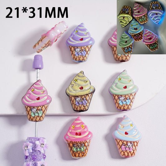 Acrylic Beads Luminous Cute Hello Kitt Ice Cream Cone 21*31MM, Random Mix
