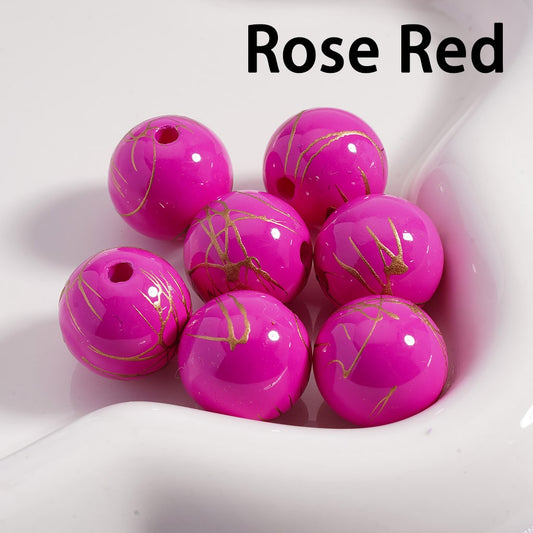 Rose red beads with gold marbling on a white background, labeled 'Rose Red'.


