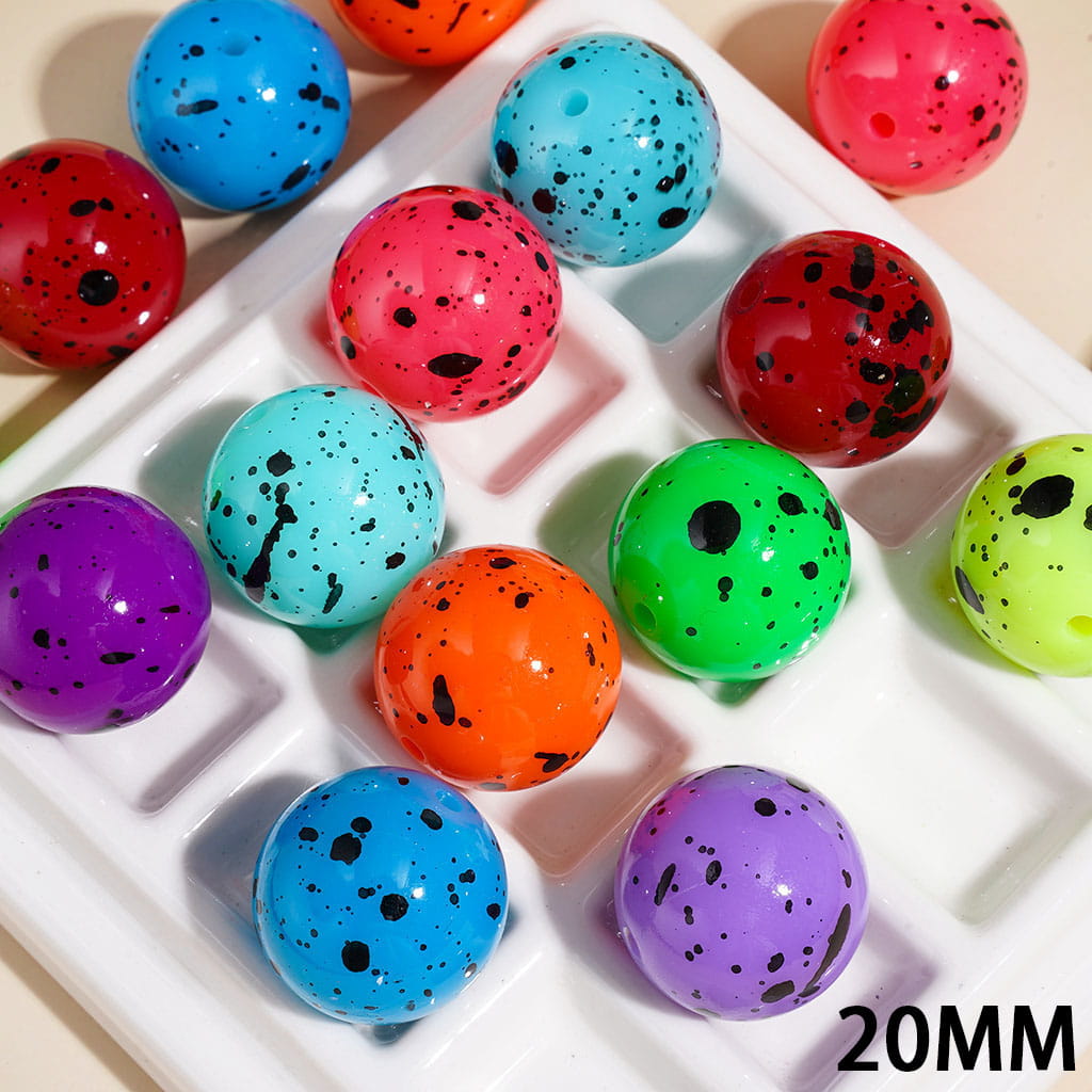 Acrylic Beads for Bracelets with Black Ink-Splash Spots Prints, Multi-Color, 20MM, Random Mix