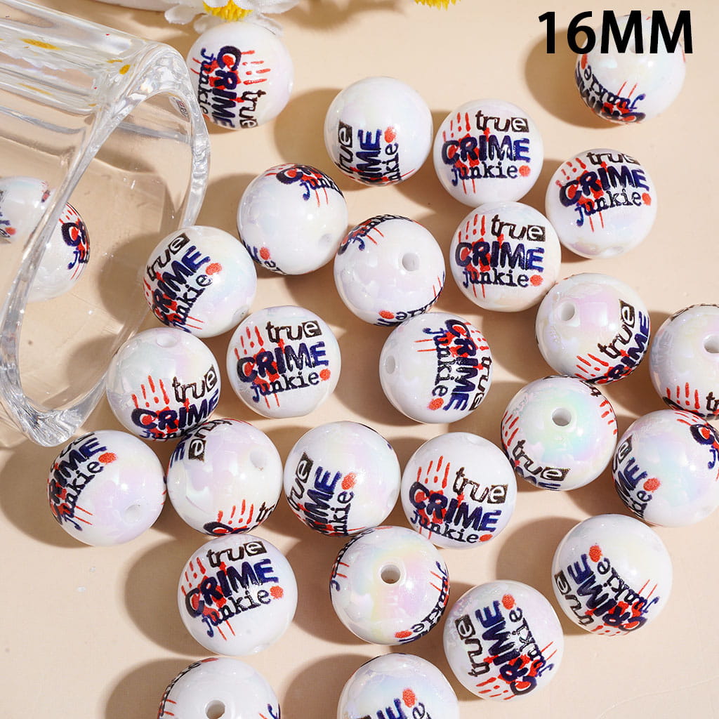 Acrylic Beads for Bracelets UV Coating with Text "true CRIME junkie" & Red Palm Prints, 16MM, Random Mix